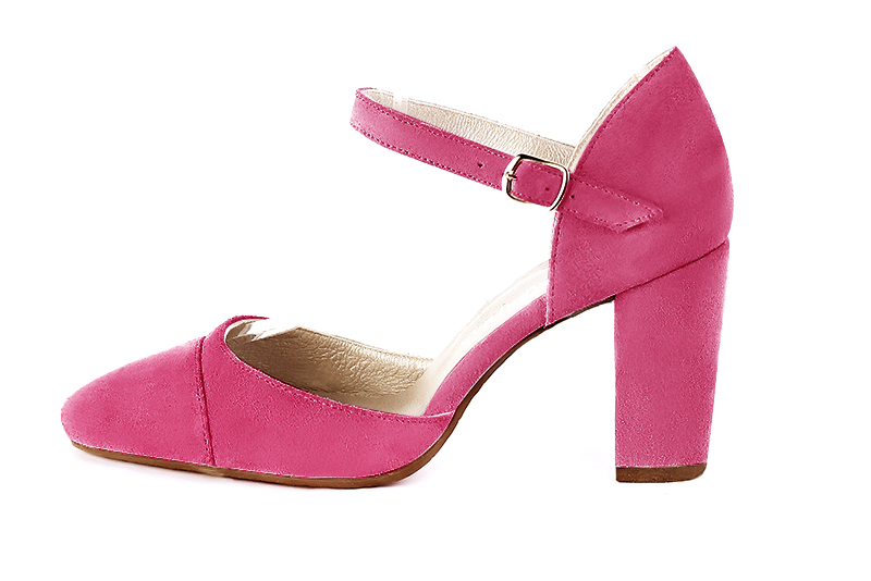 Fuschia pink women's open side shoes, with an instep strap. Round toe. High block heels. Profile view - Florence KOOIJMAN